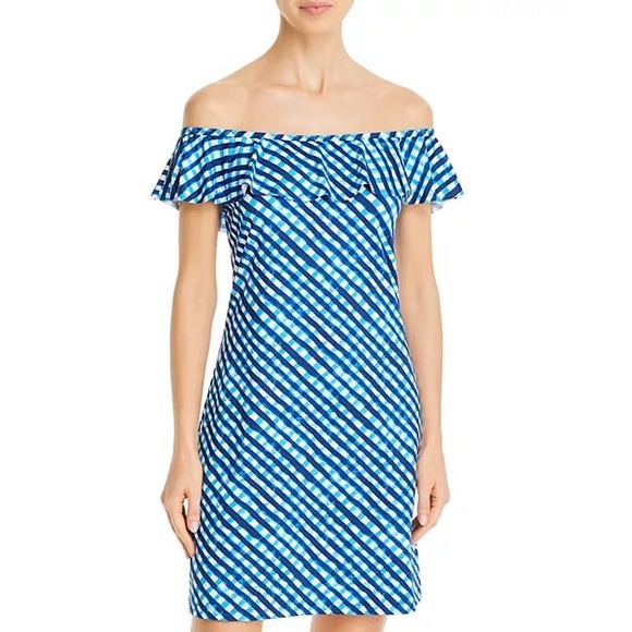 Tommy Bahama Dresses & Skirts - Tommy Bahama Blue Gingham Performance Cover-up Ruffle Dress Pockets Small Resort